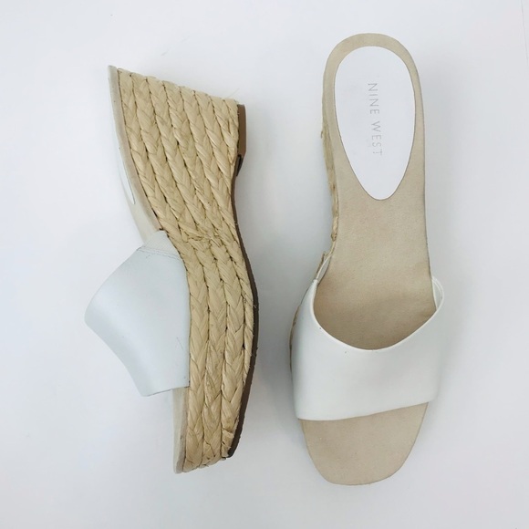 Nine West Librao Leather Straw Raffia Platform Wedge Square Toe Heel Sandals - Picture 4 of 9